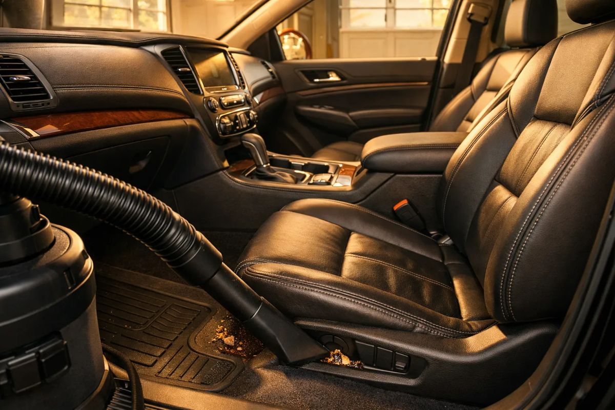 Detailer removing stains from a vehicle interior during mobile auto detailing in Tucson